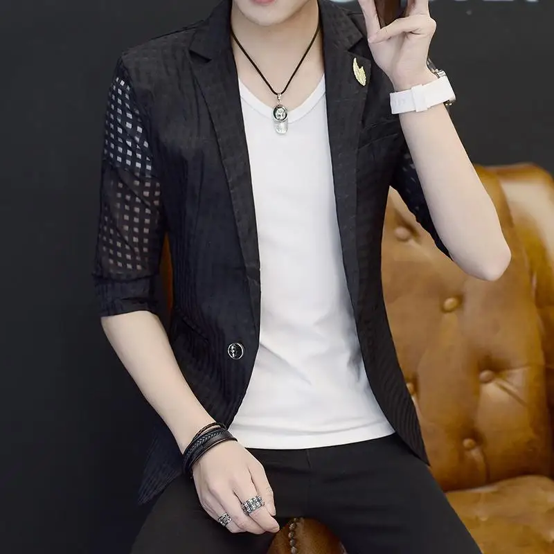 

Tuxedos Mens Suits Blazers Jacket Hollowed out Half sleeve Men Blazer Unique designs Stage Costume Black White