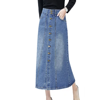 

Long Denim Skirt High Waist Midi Skirts Women Single Button Pockets Blue Jean Skirt Style Saia Jeans