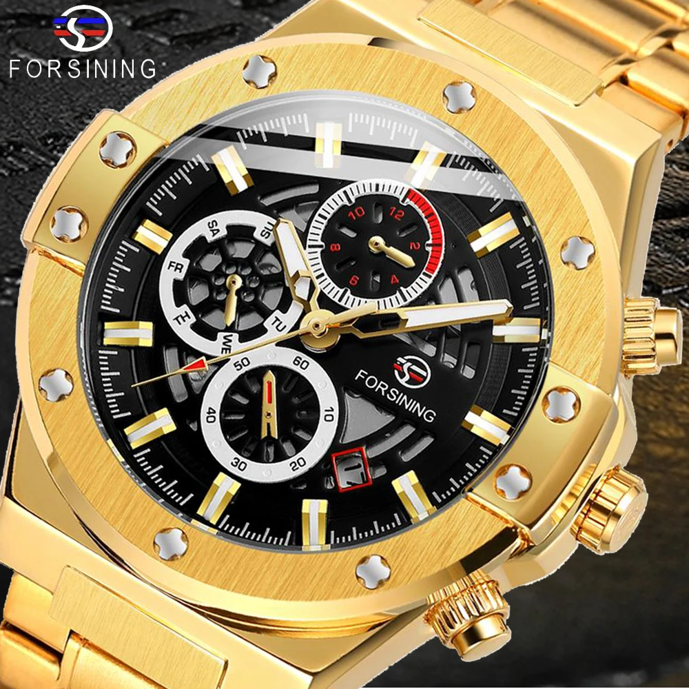

Forsining Men Mechanical Watches Automatic Golden Calendar Business Steel Clock Military Sport Male Wristwatch Relogio Masculino