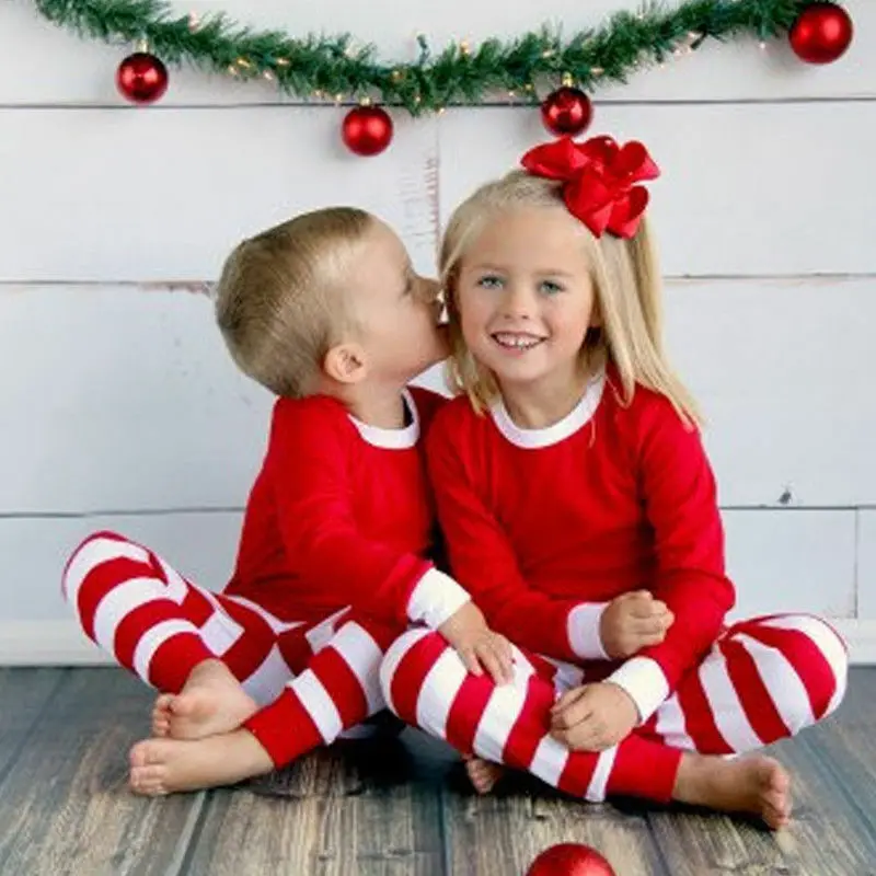 Рождественская одежда для сна с длинными рукавами в красно-зеленую полоску; сезон осень-зима; пижамный комплект для маленьких мальчиков и девочек; одежда для сна; повседневный костюм
