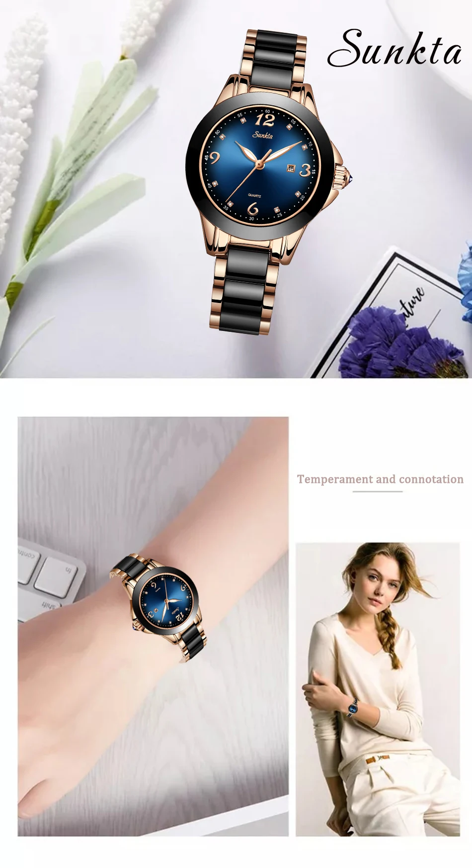 SUNKTA синий водонепроницаемый браслет для часов модные женские часы Дамы Топ бренд класса люкс Стразы керамические спортивные кварцевые часы для женщин