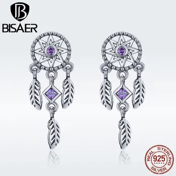 

BISAER Authentic 925 Sterling Silver Purple CZ Bohemia Dreamcatcher Feather Drop Dangle Earrings for Women Brincos GXE502