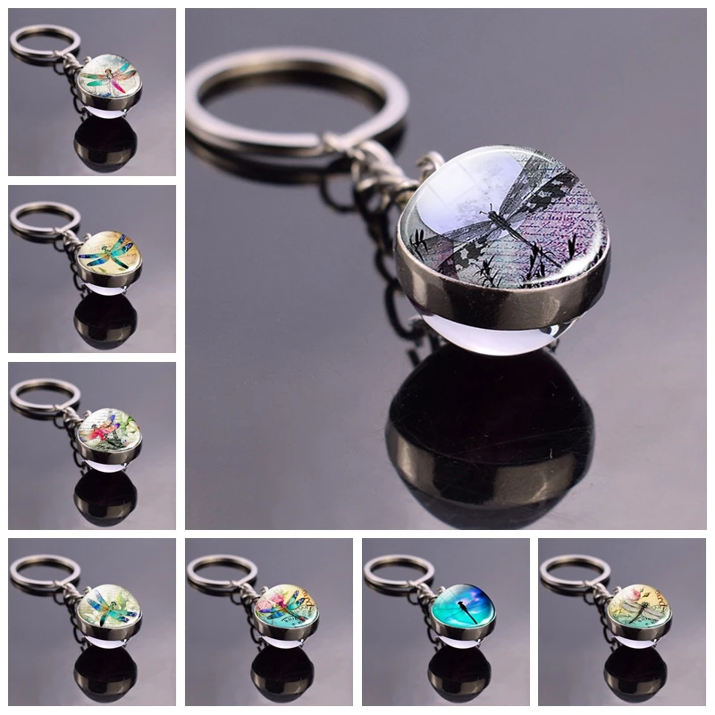 

Dragonfly Charms Cute Keychain Glass Ball Keyring Butterfly Resin Pendant Key Chain for Women Animal Jewlery