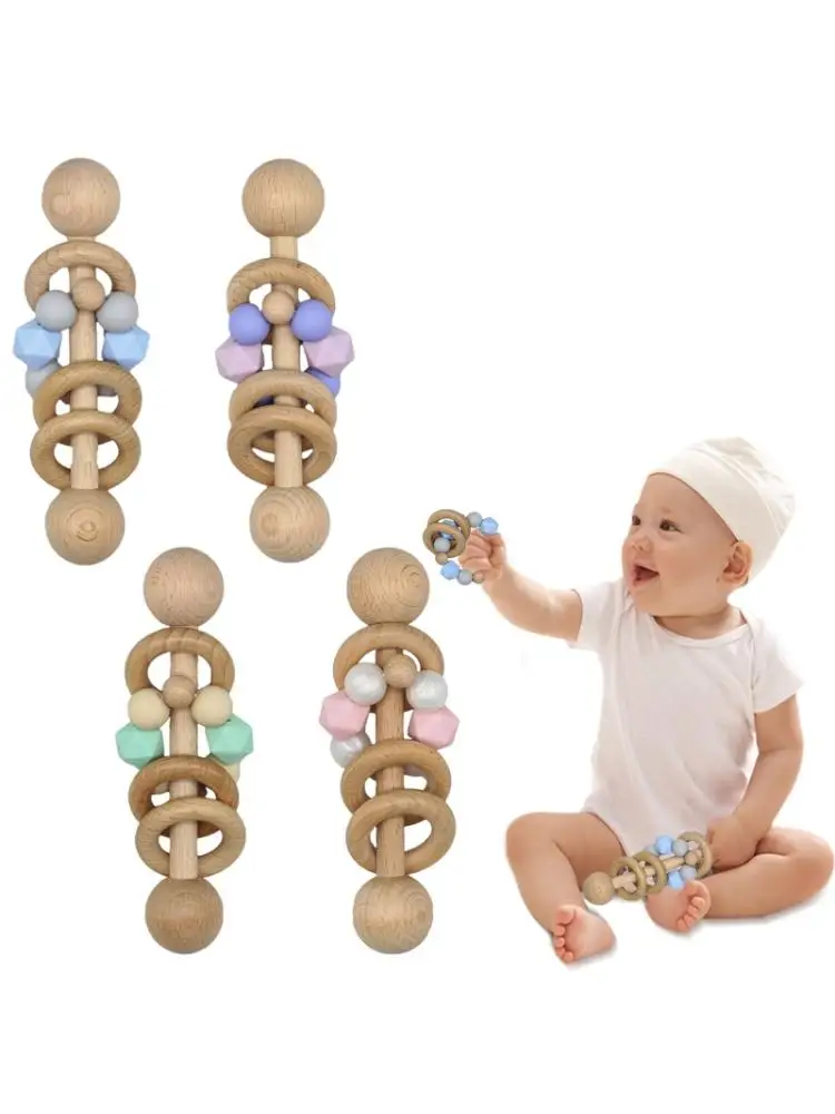 

Baby Beech Teether Bell Rattle Toddler Teething Nursing Toy Shower Gifts Silicone Beads Wooden Ring Soother Molar
