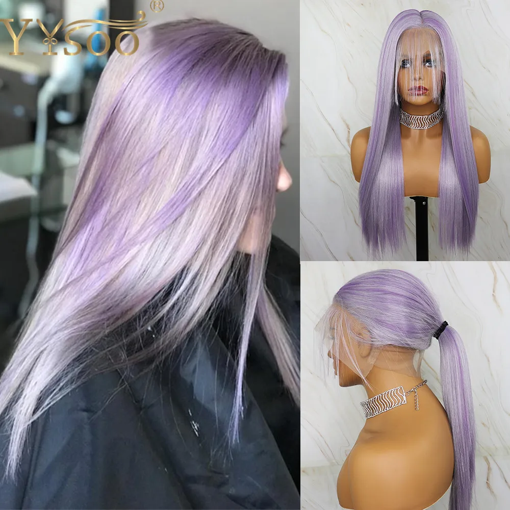  YYsoo Long Purple Highlight Synthetic Full Lace Wigs Japan Futura Synthetic Silky Straight Wig With