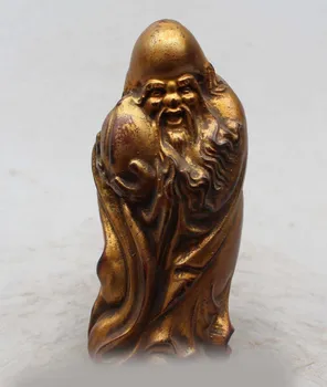 

8" Chinese Buddhism Folk Wood carve Peach god of longevity Shou Wealth Statue