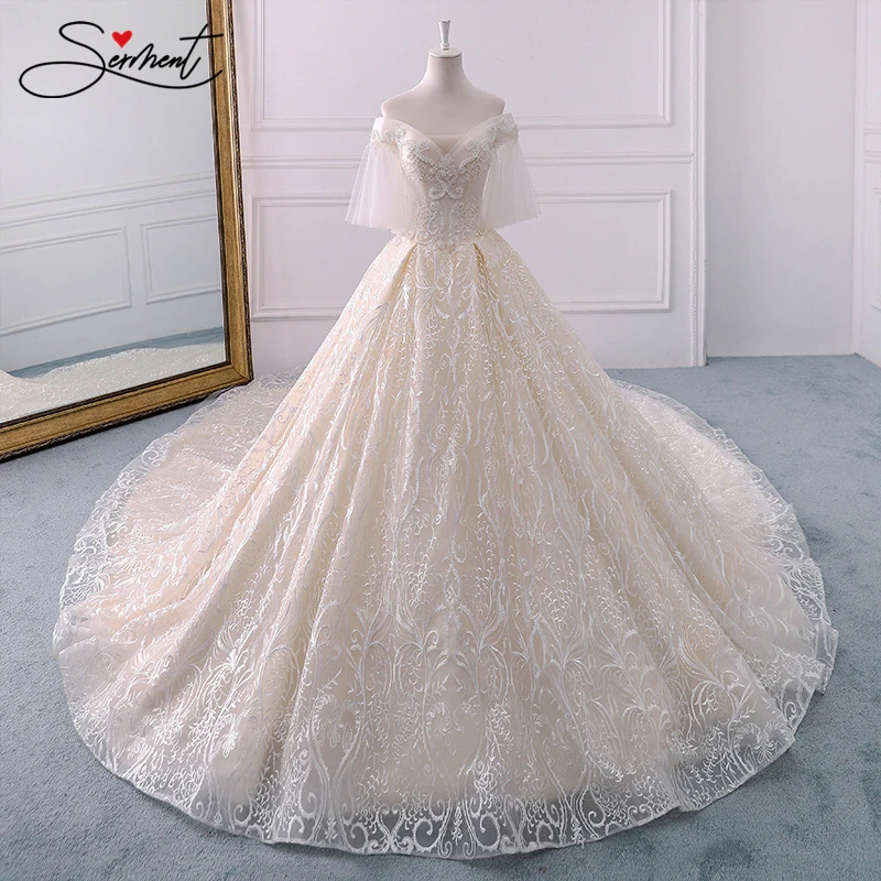 

SERMENT Lace Flower Print Wedding Dress Handmade Beaded Crystal Decoration 100cm Trailing Suitable for All Occasions Wedding