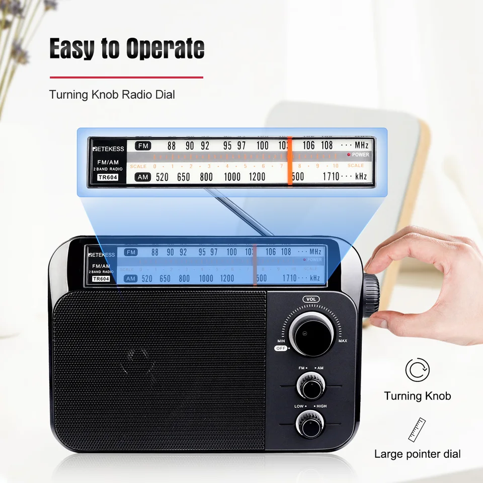 Retekess TR604 Portable Radio, FM AM Analog Receiver, AC or Battery Powered, with Large Speakers, Transistor Radio, 3.5mm Headphone Jack, for Elderly (Silver