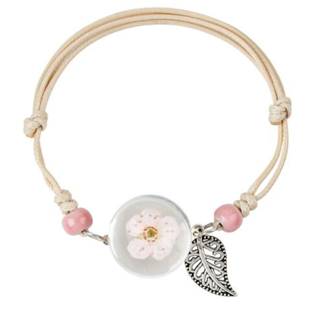 

New Boho Vintage Charm Bracelet Handmade Real Dry Flower Glass Ball Weave Adjustable Bracelets Bangle for Women Fashion