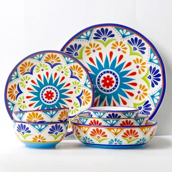 

Creative Ceramic Bowl Plate Combination of Western Food Bowl Salad Bowl Rice Bowl Under Glaze Color Tableware Microwave Bowl