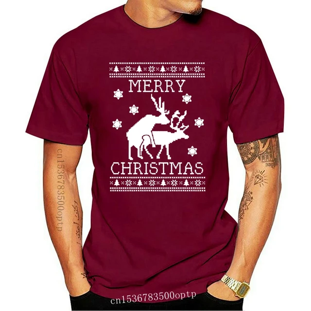 New 2021 Cotton Reindeer Humping Ugly Christmas Sweater T-Shirt Merry Xmas Party Present Gift Short-Sleeve T-Shirt redMen