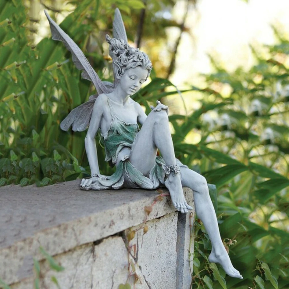 

Flower Fairy Sculpture Garden Landscaping Yard Art Ornament Resin Turek Sitting Statue For Outdoor Angel Girl Figurines Craft