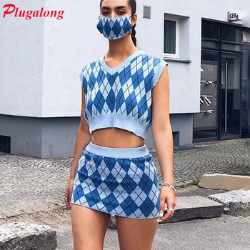 

Plugalong Argyle Plaid 2 Piece Sets Womens Outfits Y2K Sleeveless Sweaters Vests Tops And Skirts Set Bodycon Tracksuits Autumn