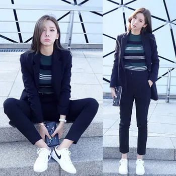 

British Wind Women Two Pieces Sets Women Double Breasted Long Sleeves Suit Coat + Slim Zipper Trousers Office uniform Sets