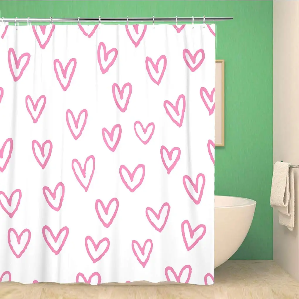 Bathroom Shower Curtain Love Romantic Pink Heart Pattern Hand Sketched Romance Simple 66x72 inches Waterproof Bath Set | Дом и сад