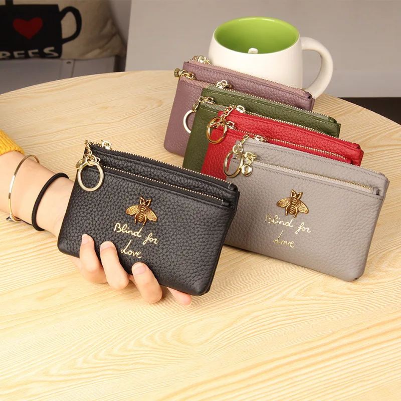 Coin Purse Wallets Key-Chain-Holder Zipper Pouch Mini Kids Genuine-Leather Women Brand
