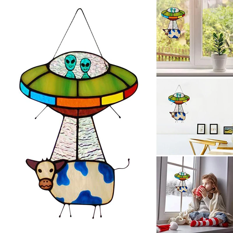 Ufo Alien Cow Ciondolo Ornamenti Alien And Cow Stained Glass Suncatcher Window Camera Da Letto Balcone Pannello Verniciato Ufo Pendant