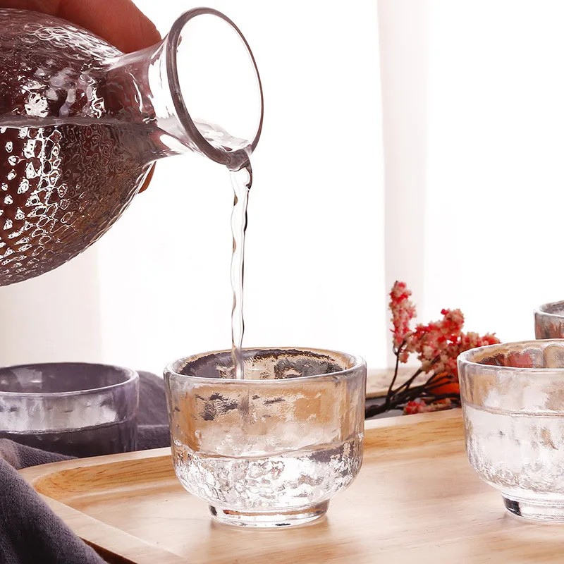 Japanese Style Glass Wine Set Sake Pot Ice Wine Warmer Ware Creative Hammer Grain Gold Edge Heat Resistant Yellow Pot