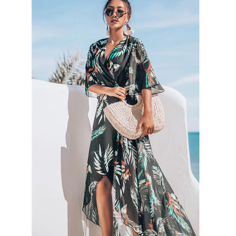 

2019 New Casual Summer Cover Up Swimwear Bikini Summer Women Swimsuit Chiffon Beach Print Boho Cover Up Tops