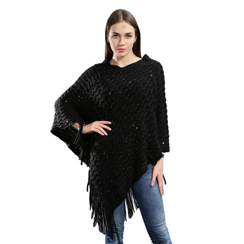 

Solid Color Cotton Poncho Female 2019 New Sequins Tassel Cloak Large Size Loose Shawl For Women Winter Coat Ladies Sweater Capes