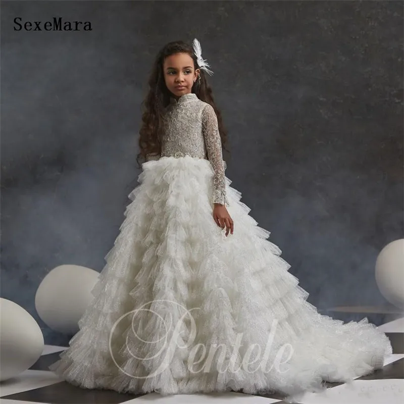 

Sparkling Long Sleeves Lace Flower Girl Dresses For Wedding High Neck Sequined Girls Pageant Gowns Tulle Tiered Kids Prom Dress