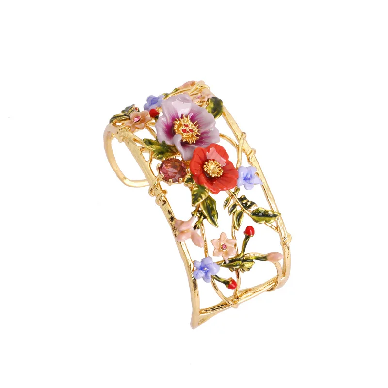 

French Style Fashion Hand-painted Enamel Flower Bracelet for Women Jewelry Crystal Hollow Opening Adjustable Bracelet Pulseras