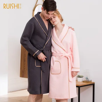 

Fashion Couple Matching Bathrobe Winter Warm Cotton Couple Bath Robe Men and Women Long Sleeves House Coat Cotton Kimono Belted