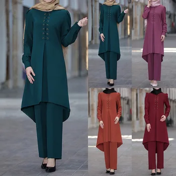 

2 Piece Set Muslim Women Asymmetry Abaya Dress Sets Long Blouse Wide Leg Pants Kaftan Ramadan Eid Turkey Suits Islamic Clothes