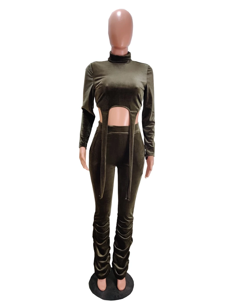 Армейский зеленый HAOYUAN Velvet Two Piece Set Women Rave Festival Clothing Crop Top and Pant Suit Cute 2 Piece Matching Sets Fall Winter Outfits - Цвет: Армейский зеленый