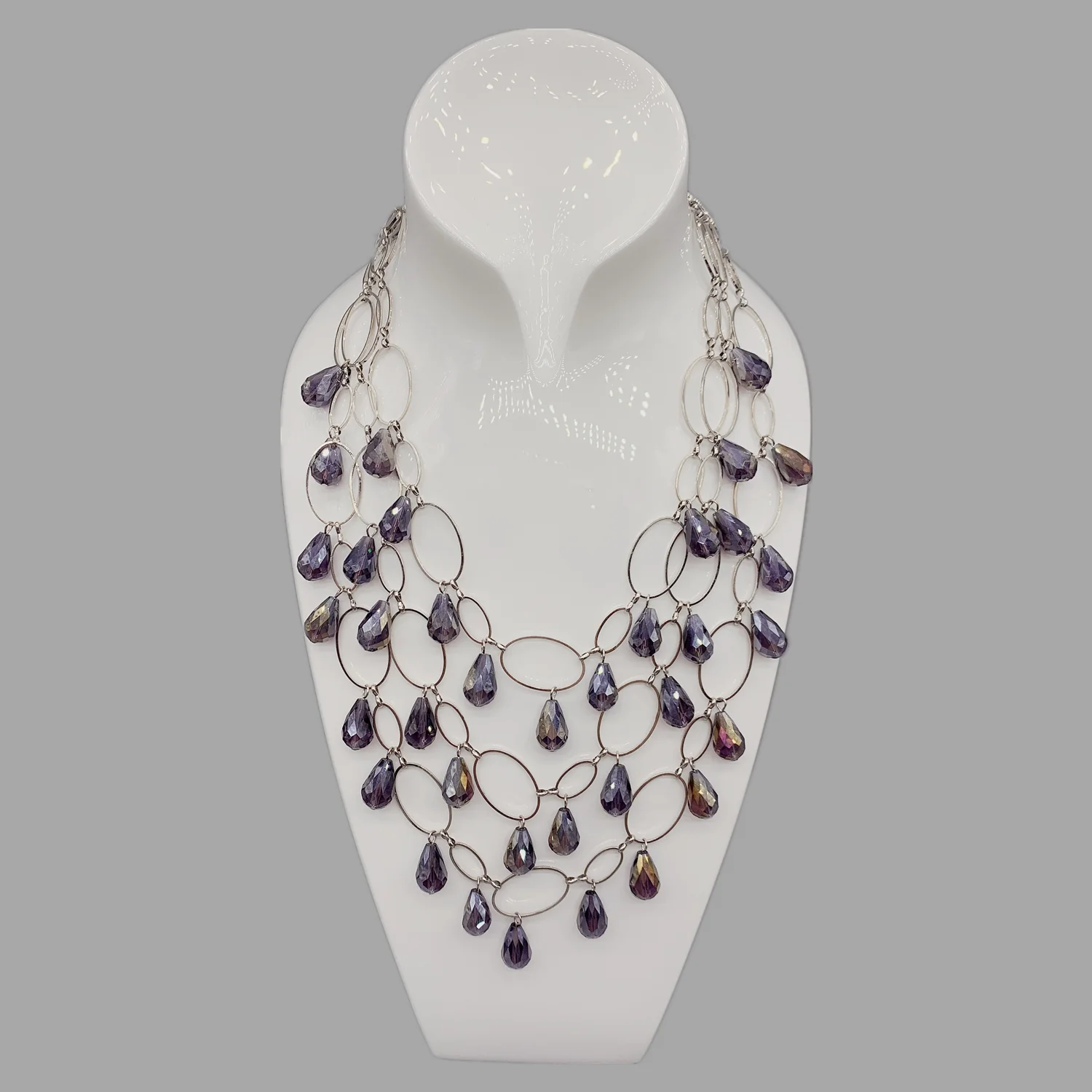 FoLisaUnique Strands Silver Oval Loop Chain Layers Stylish Trendy Jewelry Tear Drop Crystals Necklace For Women