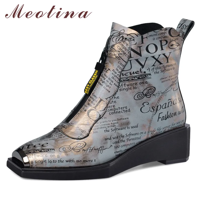 

Meotina Autumn Ankle Boots Women Natural Genuine Leather Wedge Heel Short Boots Zipper Square Toe Shoes Ladies Winter Size 34-39