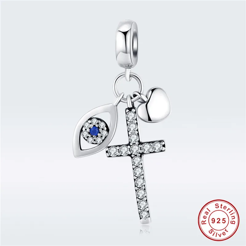 Браслет Pandora, серебро 925,, голубой CZ, Ангел глаз, крест, амулеты, S925 циркон, сделай сам, сердце, глаза, европейский Бисер для ювелирных изделий