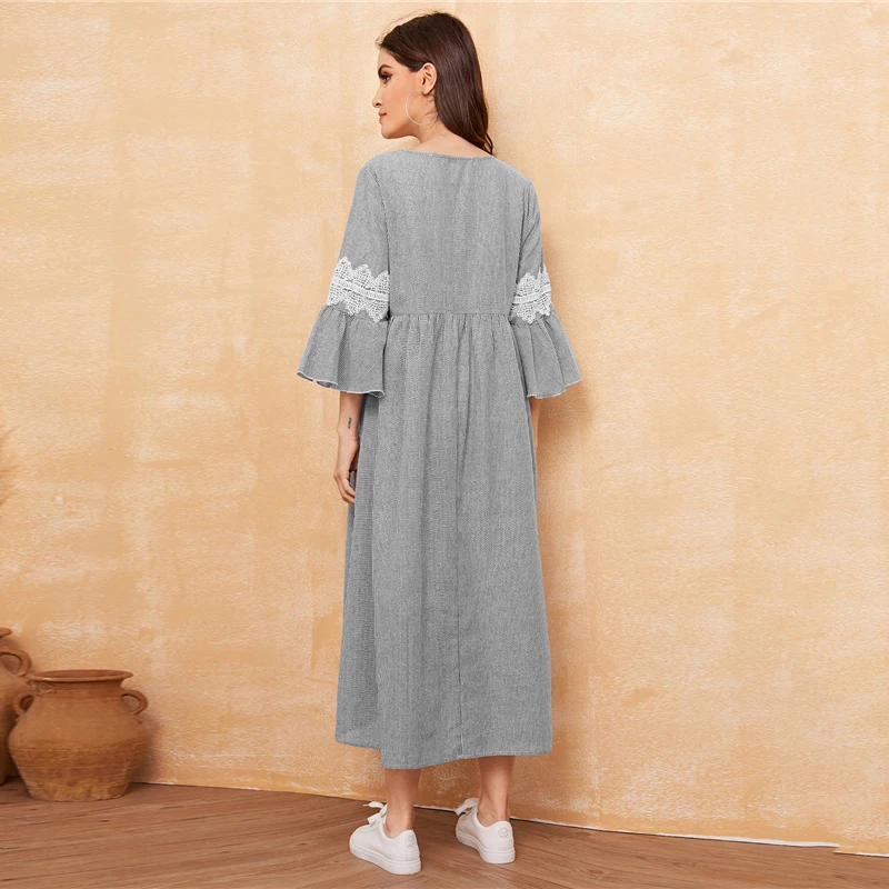 Dotfashion/повседневное кружевное платье с аппликацией, рукав-волан, женское платье, осень, 3/4, рукав А, ТРАПЕЦИЕВИДНОЕ ПЛАТЬЕ, женское платье в полоску с принтом Макси