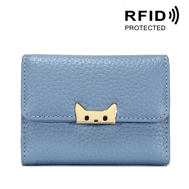 Синий Женские кошельки из натуральной кожи, многофункциональная rfid-сумка-клатч, короткий карман для монет, Ретро стиль, Женский держатель для карт для документов - Цвет: Синий