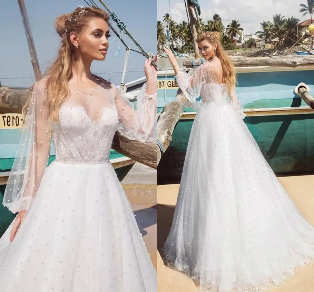 

2021 Scoop Long Sleeves Pearls Beaded A-Line Wedding Dresses Illusion Neck Bridal Gowns Robe De Mariee Pleated Luxurious