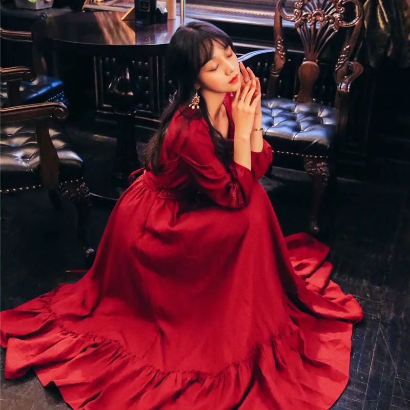 

19 Spring and Autumn New Retro Pleated Lace Waist Hugging Slimming Expandable Dress Trip Shoot Holiday Flounced Skirt