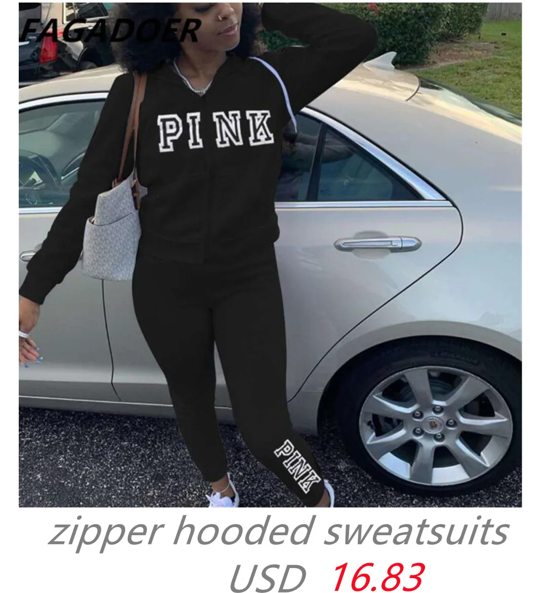 Fagadoer PINK Letter Print Outfits Zip Stand Collar Top + Leggings Pants Casual 2 Piece Set Women Tracksuits Sport Sweat Suits plus size suit sets