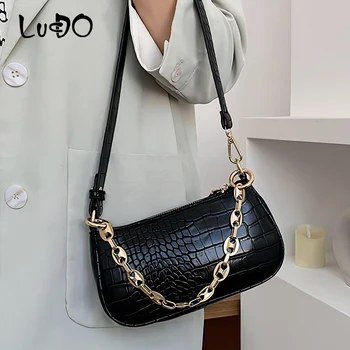 

LUCDO Fashion Crocodile Pattern Baguette Bags for Women 2020 Quality Leather Chain Shoulder Bags Design Luxury Travel HandBags