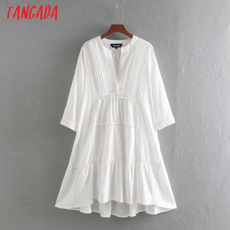 Tangada fashion women solid white cotton dress lace patchwork long sleeve ladies loose midi dress vestidos CE311