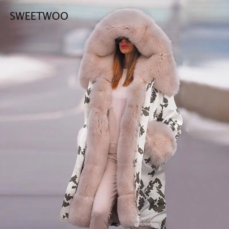 Faux Fur Coats Large Size 2Xl Imitation Mink Fur Long Fox Fur Camouflage Outerwear Fur Coat Winter Luxury Plush Thick Warm Coat