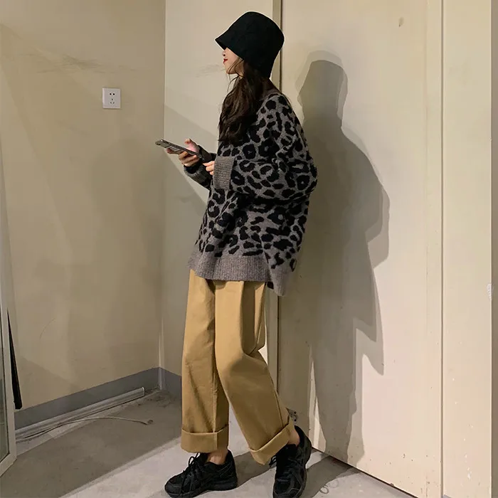 Woherb свитер с леопардовой раскраской Женский пуловер с О-образным вырезом и длинным рукавом винтажные свободные топы Корейская Новая мода уличная одежда Pull Femme 90966