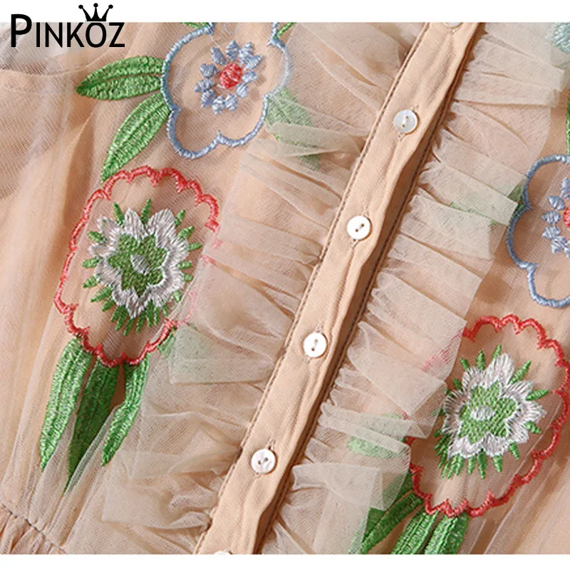 Pinkoz/Новинка; модное винтажное Сетчатое платье с вышивкой, круглым вырезом и расклешенными рукавами; Сетчатое платье с высокой талией; вечерние платья средней длины с цветочным рисунком; платье трапециевидной формы; vestidos