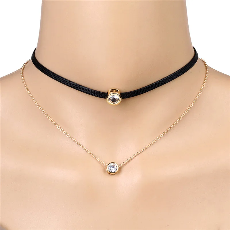 

She's Korean-style Beautiful Celebrity Style Delicacy Simple Fashion Double Layer Leather Necklace Zircon Short Necklace Women's