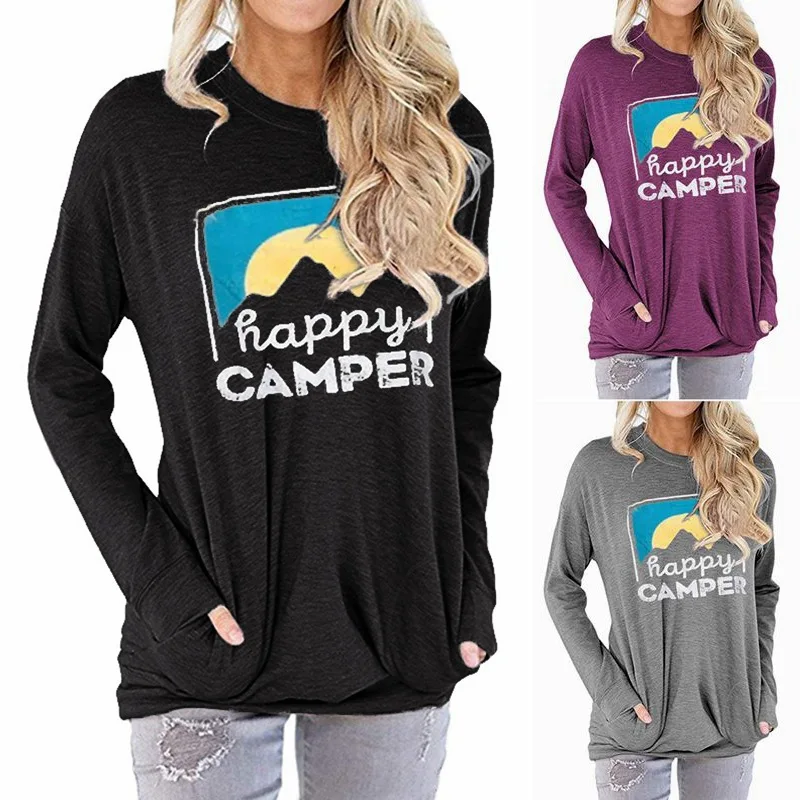 

New 2019 Cotton Autumn Women's Hoodie Sweatshirt HAPPY CAMPER Letter Printed Loose Round Neck Long-sleeved T-shirt Female
