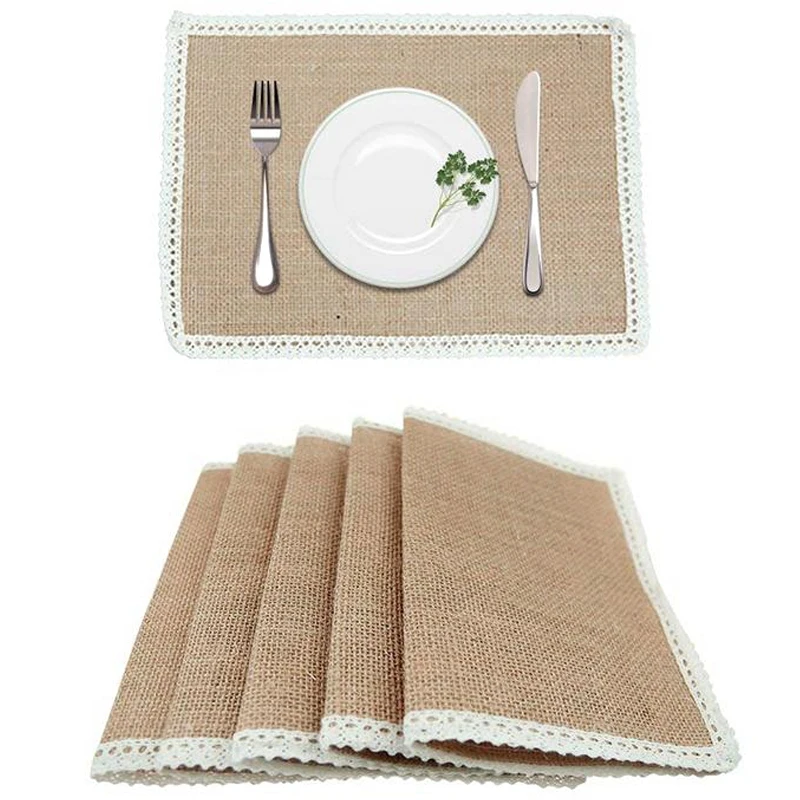 Quality 10Pcs 30X22Cm Burlap Table Mats Lace Placemats Sets Nature Woven Tableware Mats Wedding Party Decor