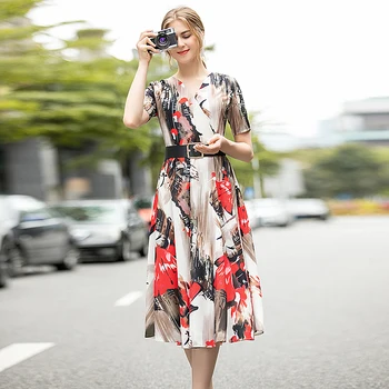 

High Quality 2020 Summer New Women'S Party Casual Beach Outing Vintage Elegant Chic V-Neck Print Chiffon Midi Dress
