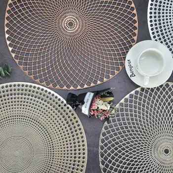 

PVC Creative Placemat For Dinner Table Mat Golden Round Hollow Drink Coasters Waterproof Non Slip Tableware Pad Home Decor 1PCS