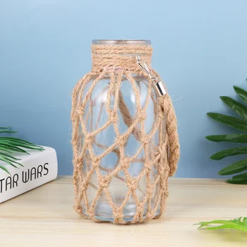 

Chic Hemp Rope Glass Vase Hydroponics Planter Green Plant Container Creative Flower Pot for Home Office Living Room