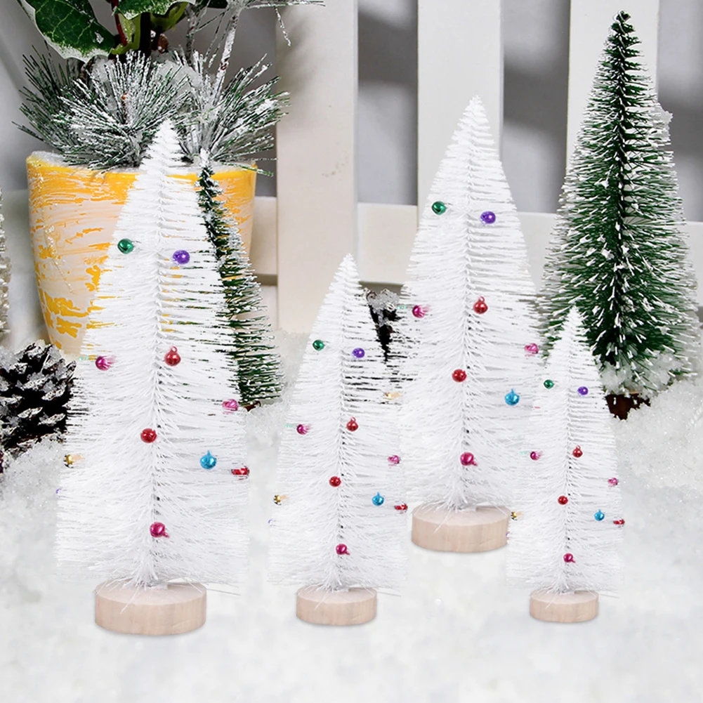 4pcs Pine Needle Little Trees Mini White Christmas Tree With Colorful Bells Christmas Tabletop Decoration