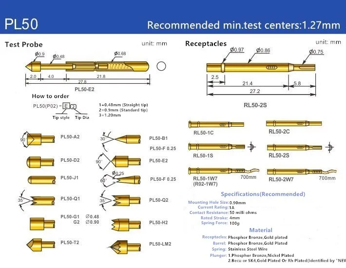 20/100pcs PL50-J1 feder test sonde phosphor bronze vernickelt pcb sonde dia 0,68mm länge 27,80mm sonde werkzeug test pin PL50-J – Detail 3